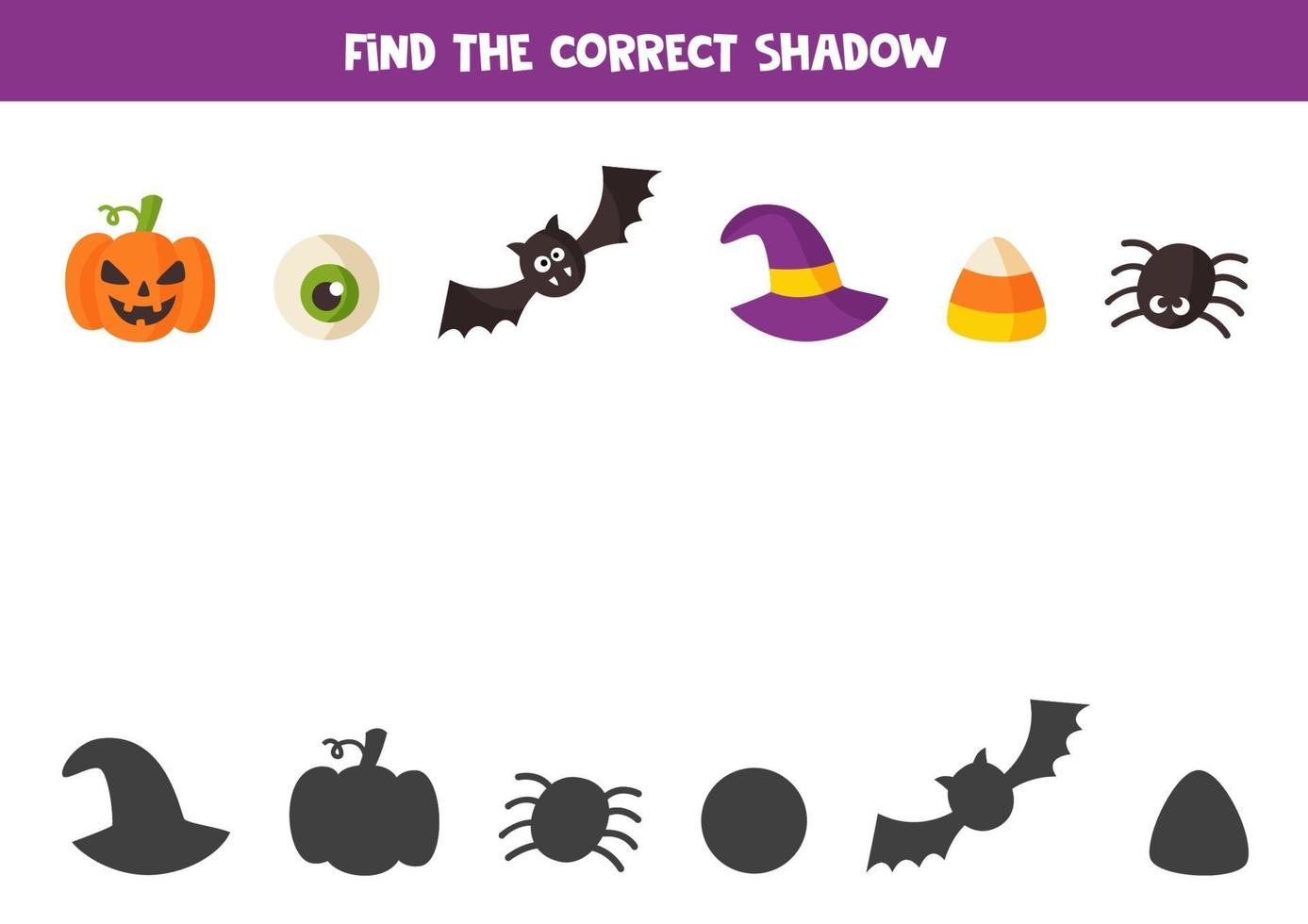 vind de juiste schaduw van halloween-elementen. spel voor kinderen. vector