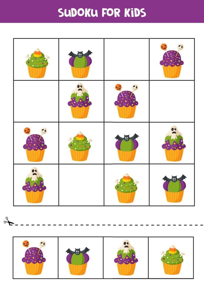 Sudoku-puzzelspel met griezelige halloween-cupcakes. vector