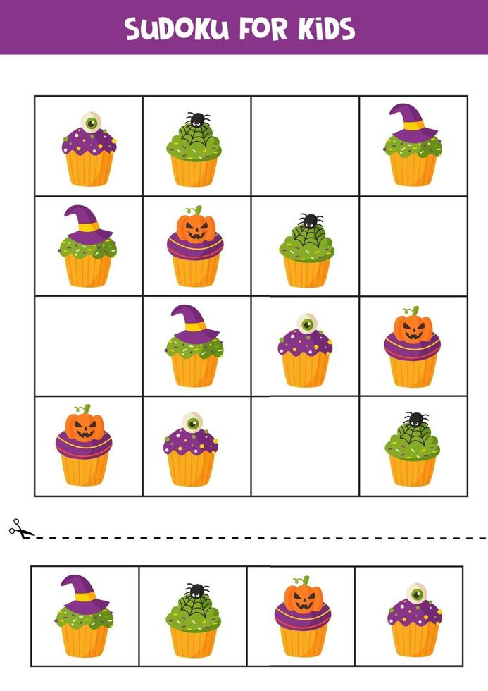 Sudoku-puzzelspel met griezelige halloween-cupcakes. vector