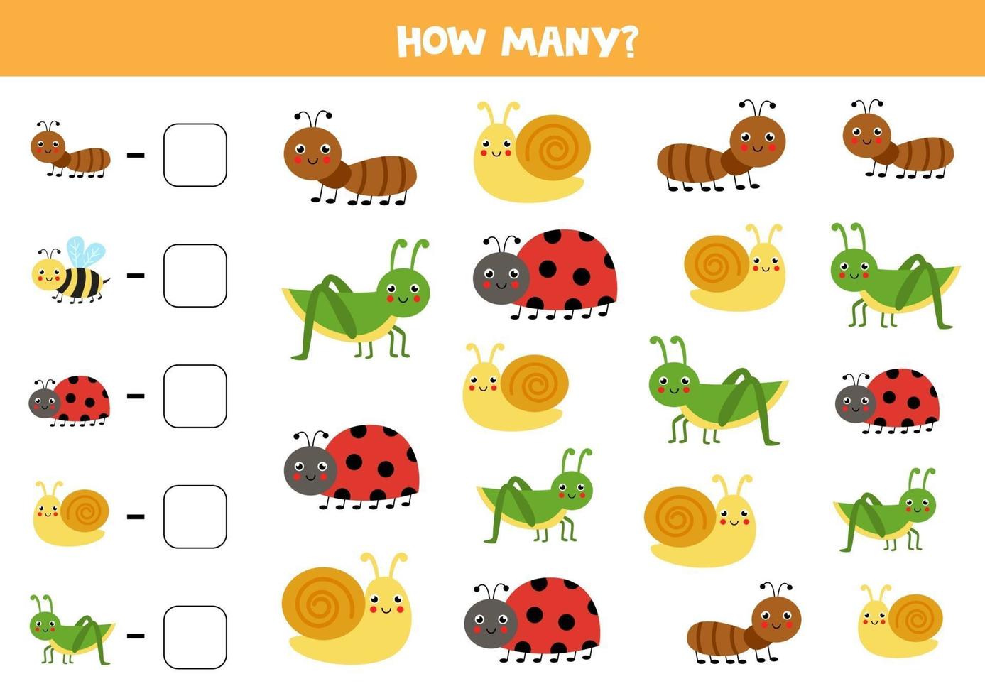 tellen spel met schattige insecten. wiskunde werkblad. vector