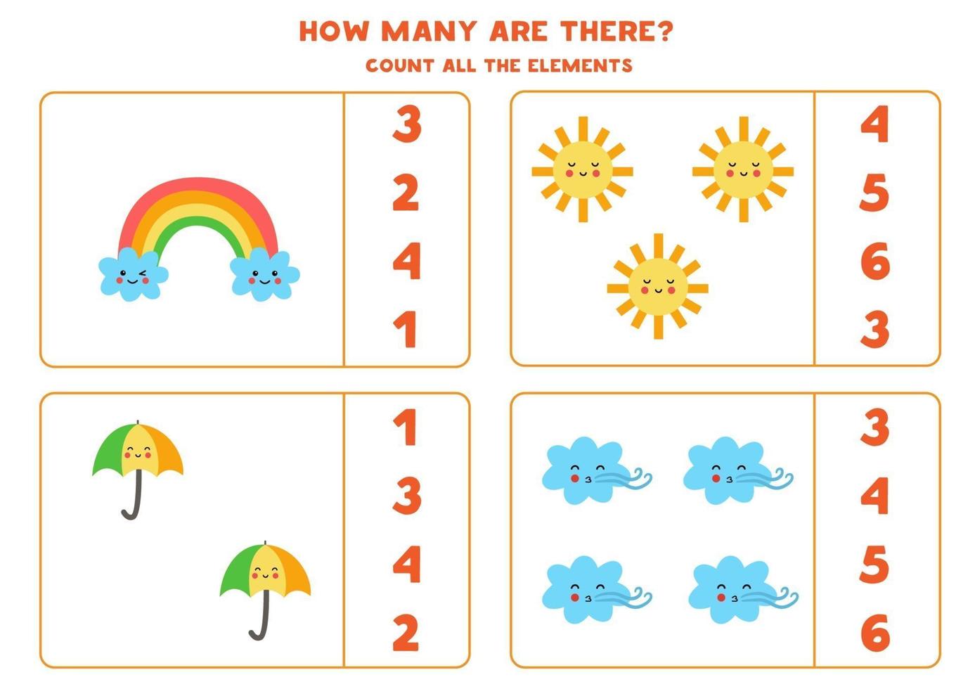 tellen spel met schattige regenboog, zon, paraplu, wind. wiskunde werkblad. vector