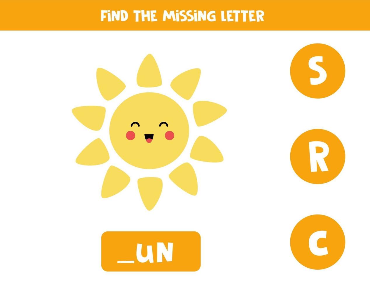 zoek ontbrekende letter met schattige zon. spelling werkblad. vector
