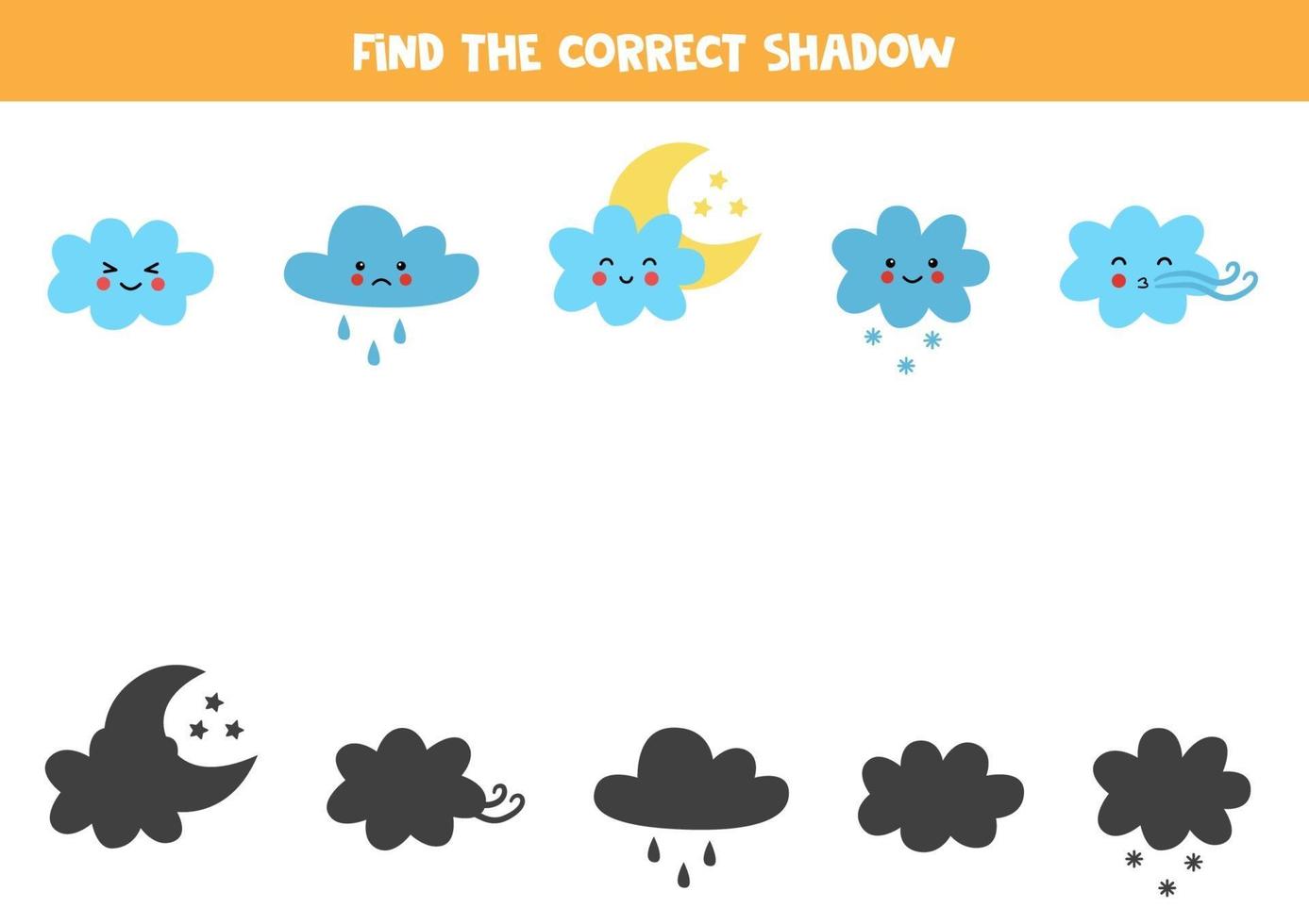 vind de juiste schaduwen van schattige wolken. logische puzzel voor kinderen. vector