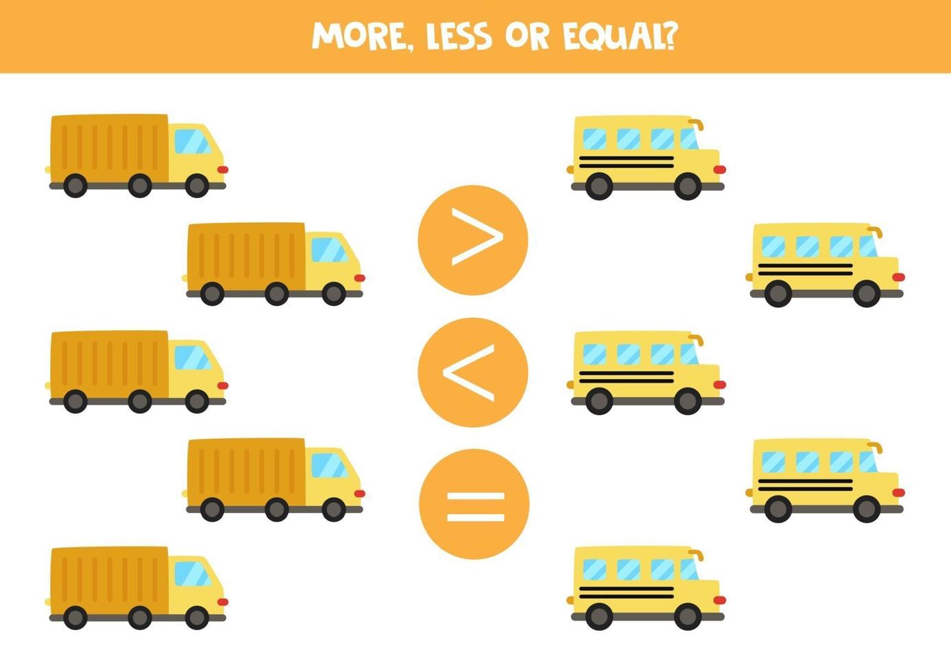 meer, minder, gelijk aan schattige schoolbus en vrachtwagen. vector