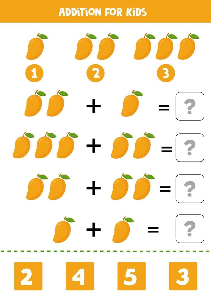 toevoeging met schattige cartoon vector mango. afdrukbaar werkblad.