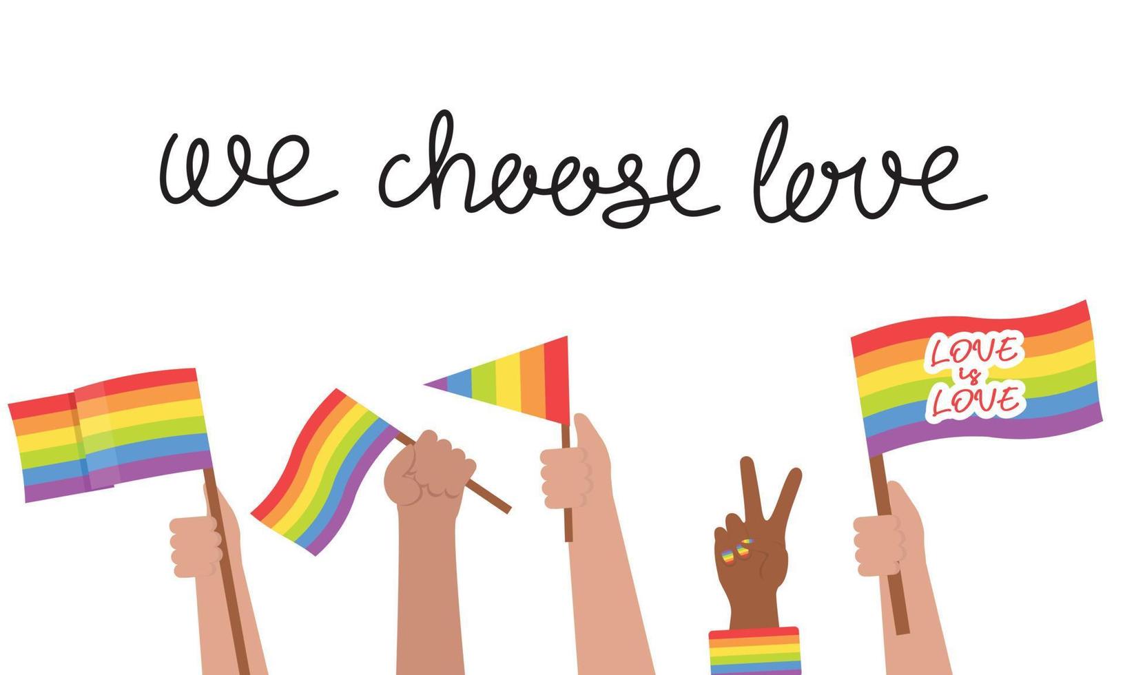 wij Kiezen liefde lgbt spandoek. menselijk handen met lgbt vlaggen. vector illustratie.