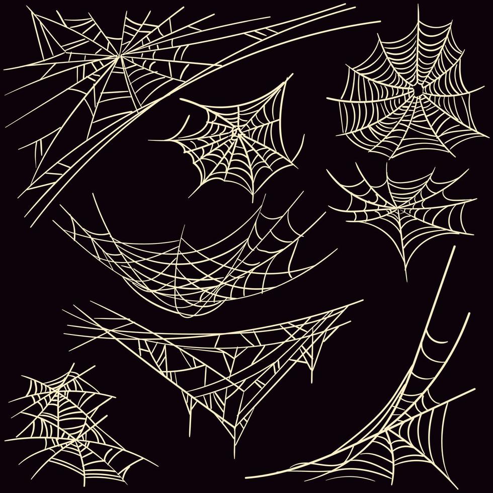 een reeks van spinnenwebben. vreselijk gotisch silhouetten in de het formulier van een spin web voor halloween decoratie, een griezelig netwerk. vector geïsoleerd verzameling. eng hangende val voor een feestelijk kader Aan zwart