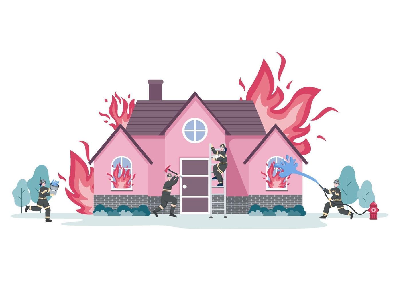 brandweerlieden met huisbrandweerwagens, mensen en dieren helpen, reddingsapparatuur in verschillende situaties gebruiken. vector illustratie