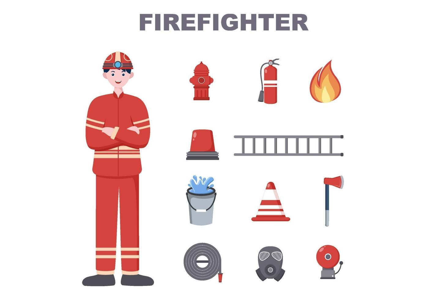 brandweerlieden met huisbrandweerwagens, mensen en dieren helpen, reddingsapparatuur in verschillende situaties gebruiken. vector illustratie