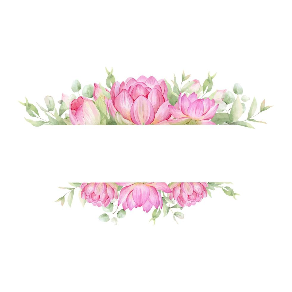 roze bloemen lotus. waterverf illustratie. een kader van lotus bloemen. krans van Chinese water lelie. ontwerp voor uitnodigingen, opslaan de datum, kaarten andere artikelen. vector