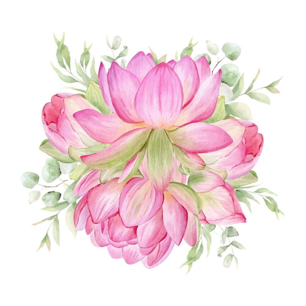 roze lotus bloemen. waterverf illustratie. samenstelling met lotus. Chinese water lelie. ontwerp voor de ontwerp van uitnodigingen, film affiches, stoffen en andere artikelen. vector