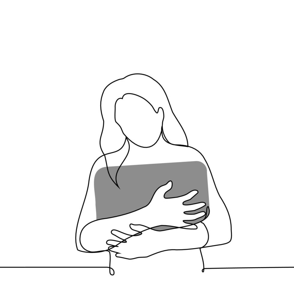 vrouw persen een laptop naar haar borst - een lijn vector tekening. concept oud favoriete laptop, buying een nieuw laptop