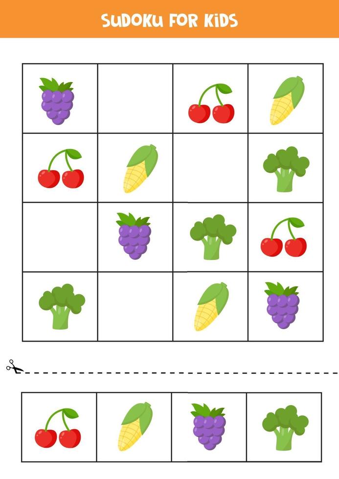 Sudoku met schattige cartoon groenten en fruit. vector