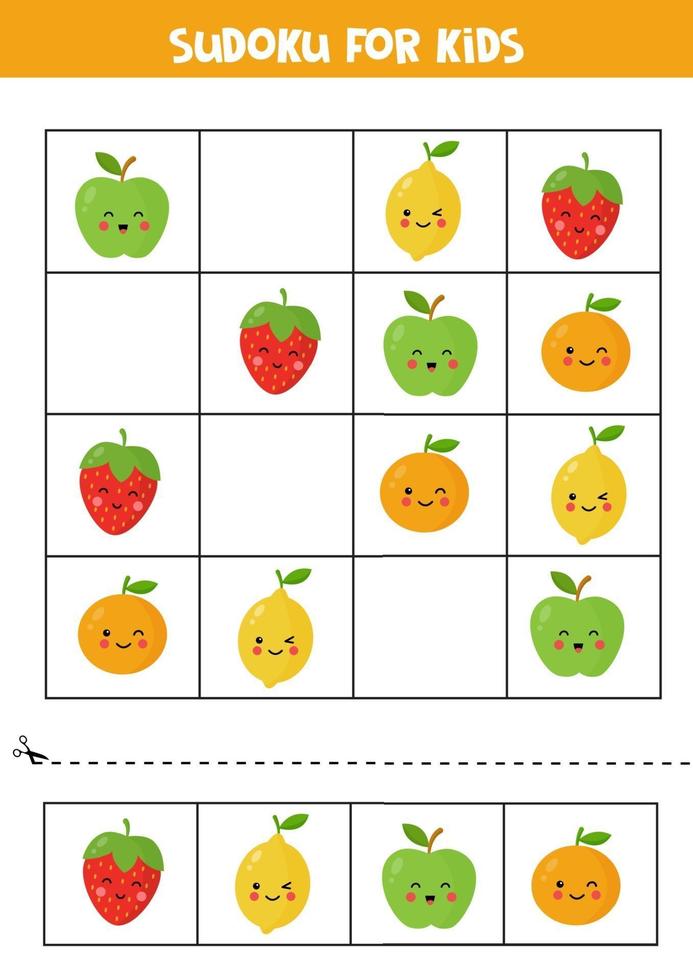 Sudoku voor kinderen met schattige kawaii appel, sinaasappel, aardbei en citroen. vector