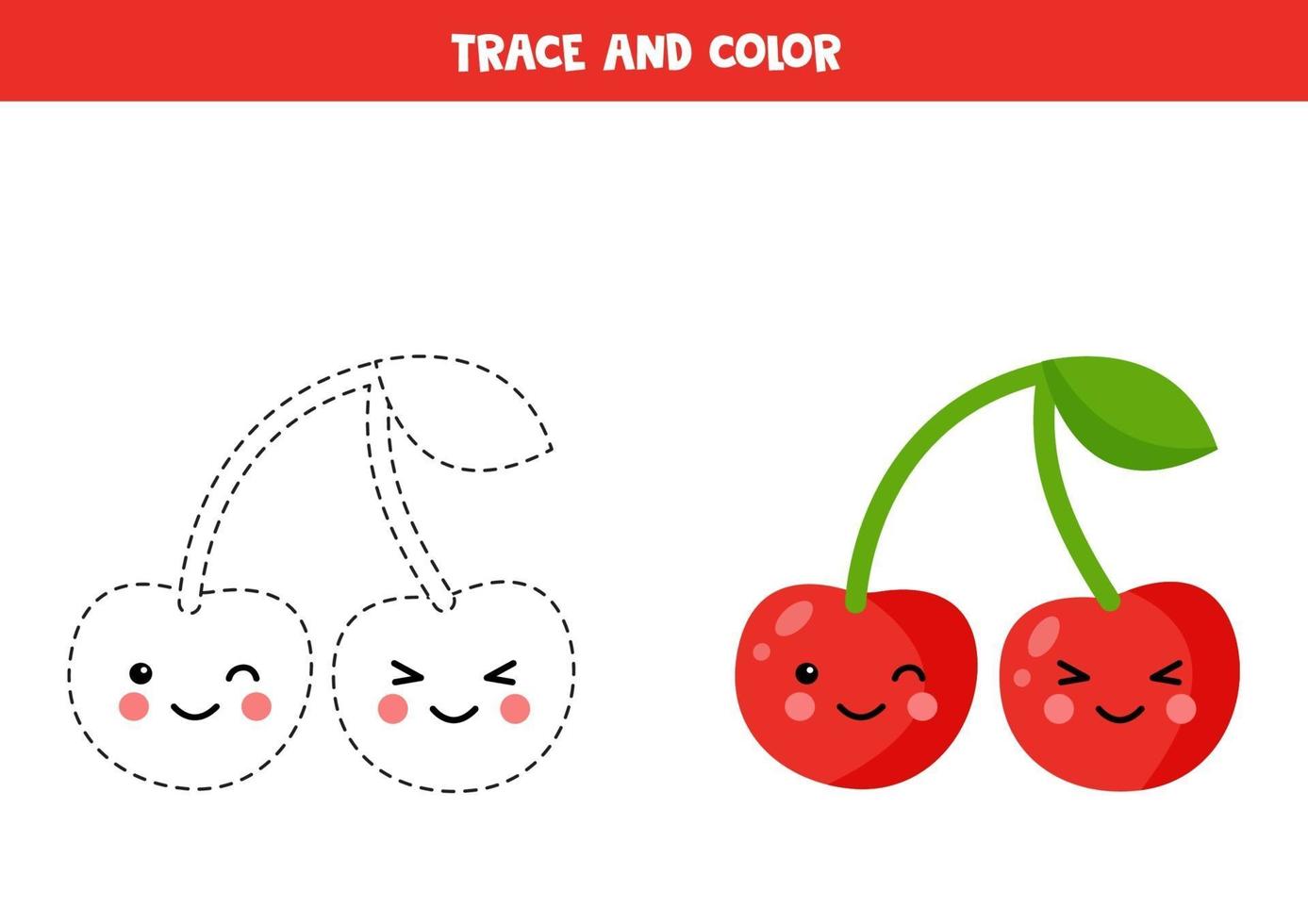 traceer en kleur schattige kawaiikersen. handschriftoefening voor kinderen. vector