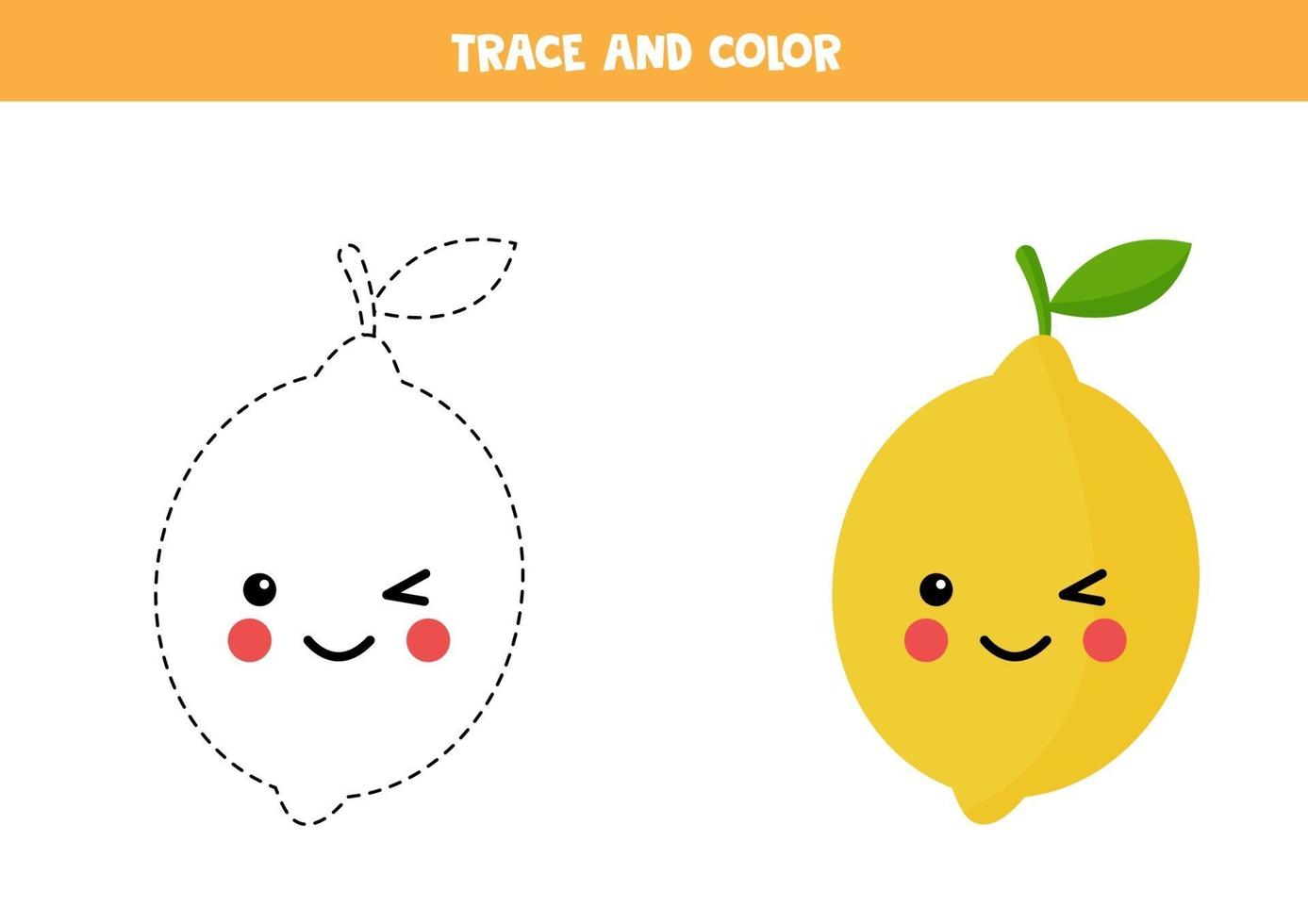 trace en kleur schattige kawaii gele citroen. educatief werkblad. vector