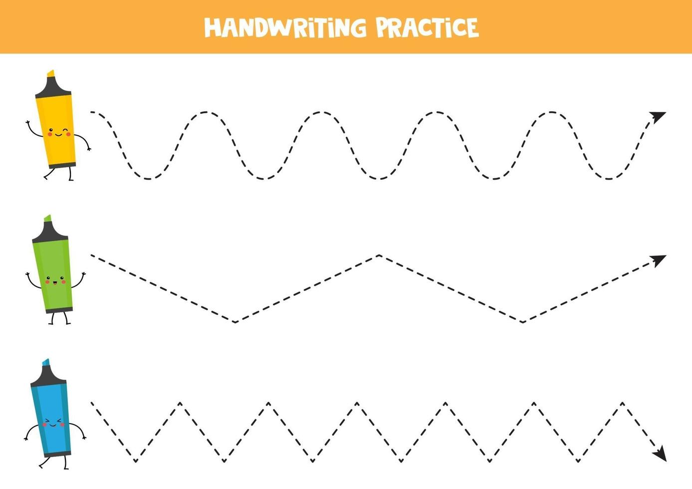 trek de lijnen over met schattige kawaii-markeerstiften. handschrift werkblad. vector