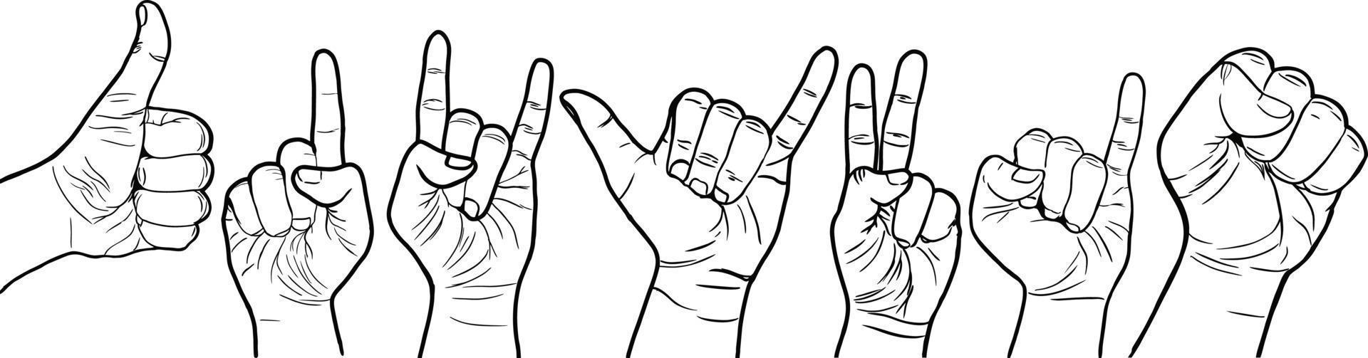 handen poseert. vrouw hand- Holding en richten gebaren, vingers gekruist, vuist, vrede en duim omhoog. tekenfilm menselijk palmen en pols vector set. communicatie of pratend met emoji voor boodschappers