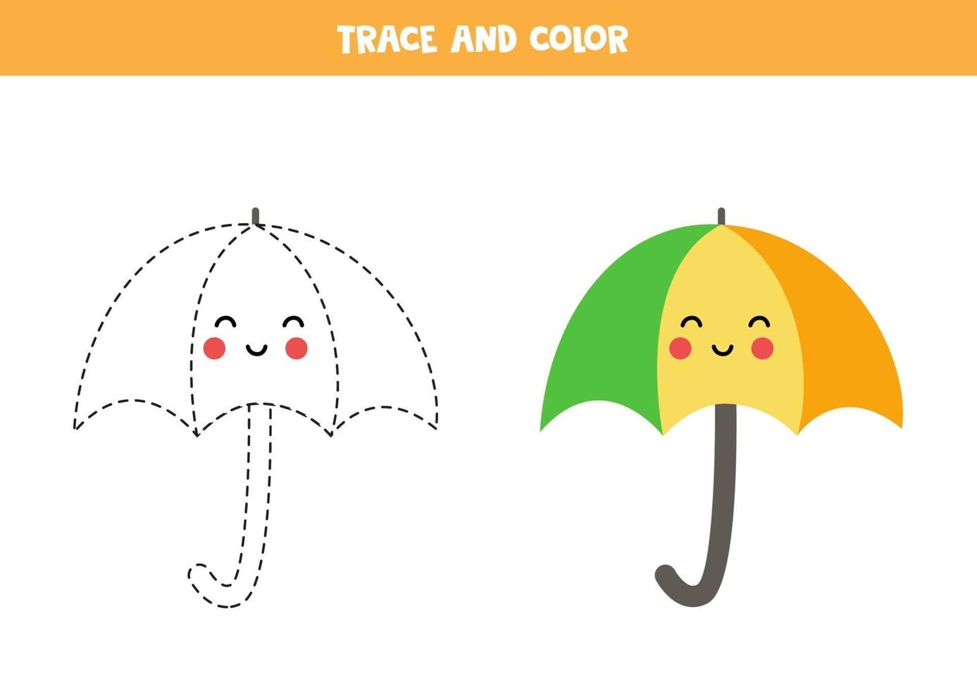 trace en kleur schattige kawaii paraplu. werkblad voor kinderen. vector
