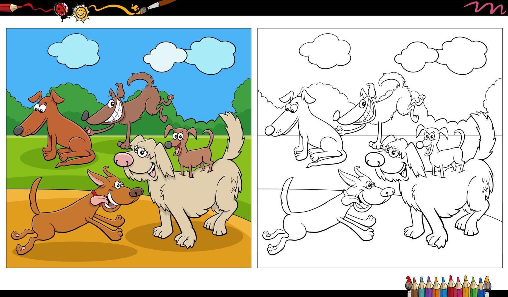 speels tekenfilm honden groep in de park kleur bladzijde vector