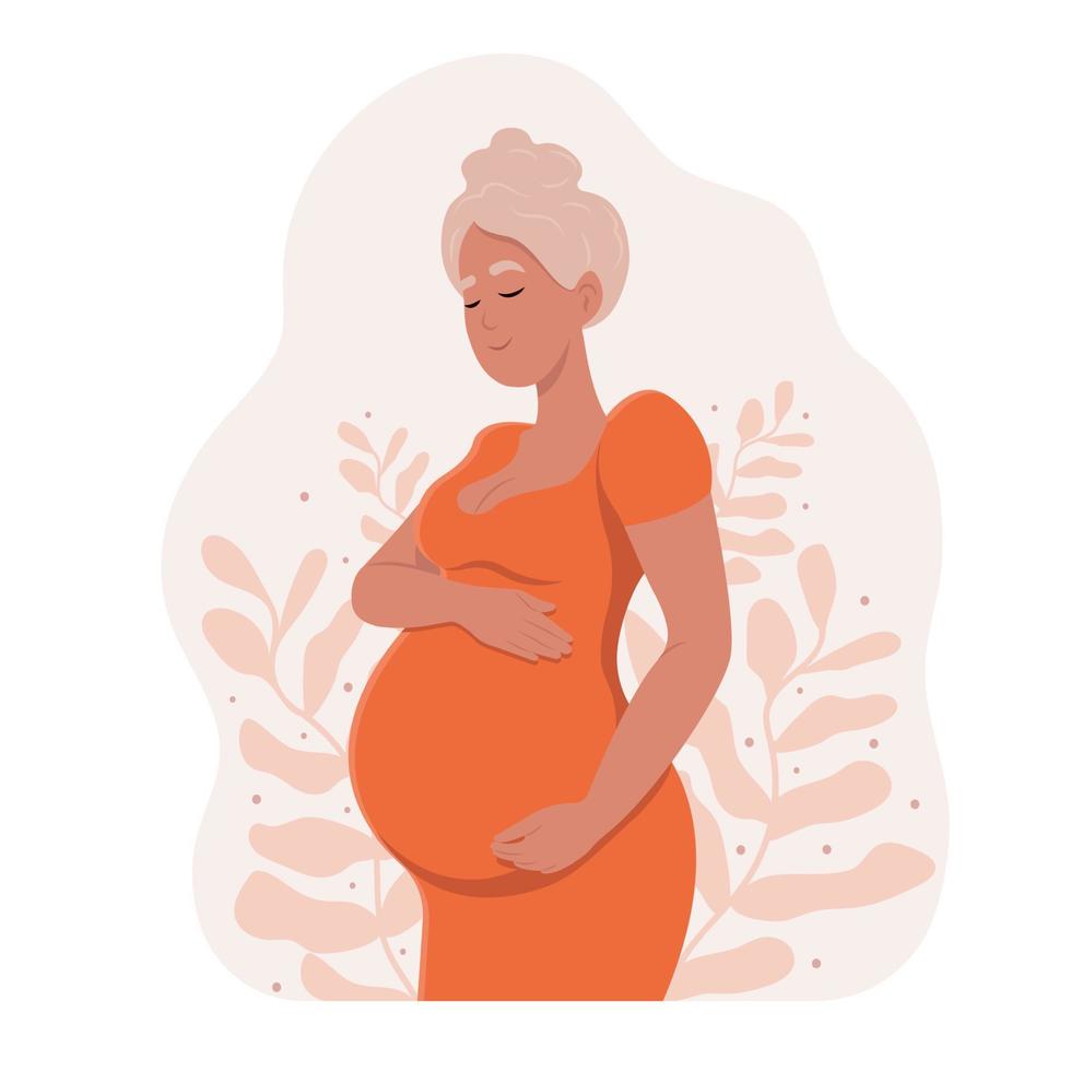 moeder dag. gezond zwangerschap. mooi zwanger vrouw knuffels haar buik. de concept van zwangerschap en moederschap. gezond zwangerschap. vector vlak illustratie.