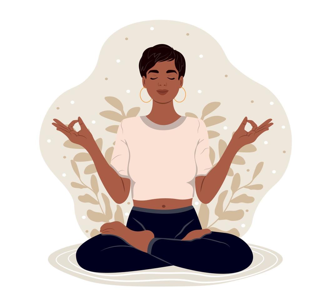 vrouw met Gesloten ogen mediteren in yoga lotus houding. de meisje is aan het doen haar favoriete hobby. de concept van zen en harmonie. vector