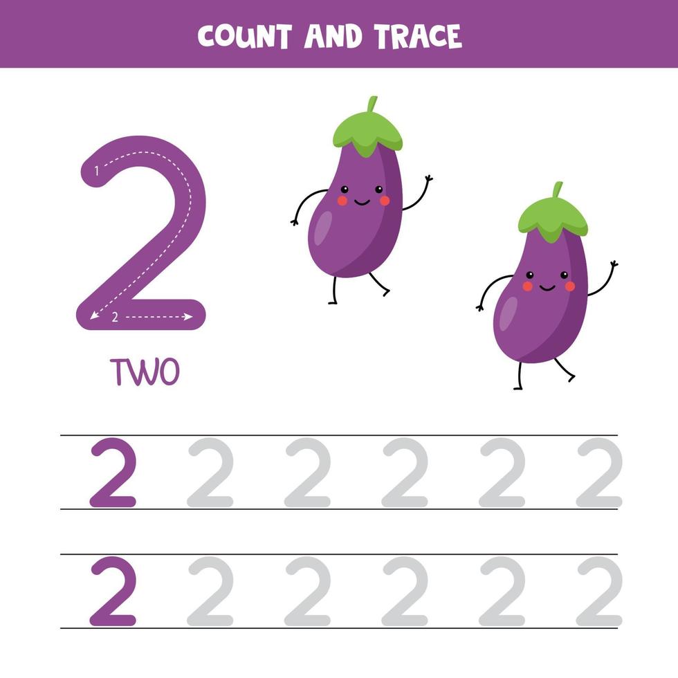 tracering nummers werkblad. nummer twee met schattige kawaii aubergines. vector