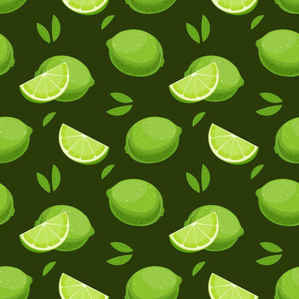naadloos patroon, kleurrijk limoenen, plakjes en bladeren Aan een groen achtergrond. fruit achtergrond, afdrukken, textiel, vector