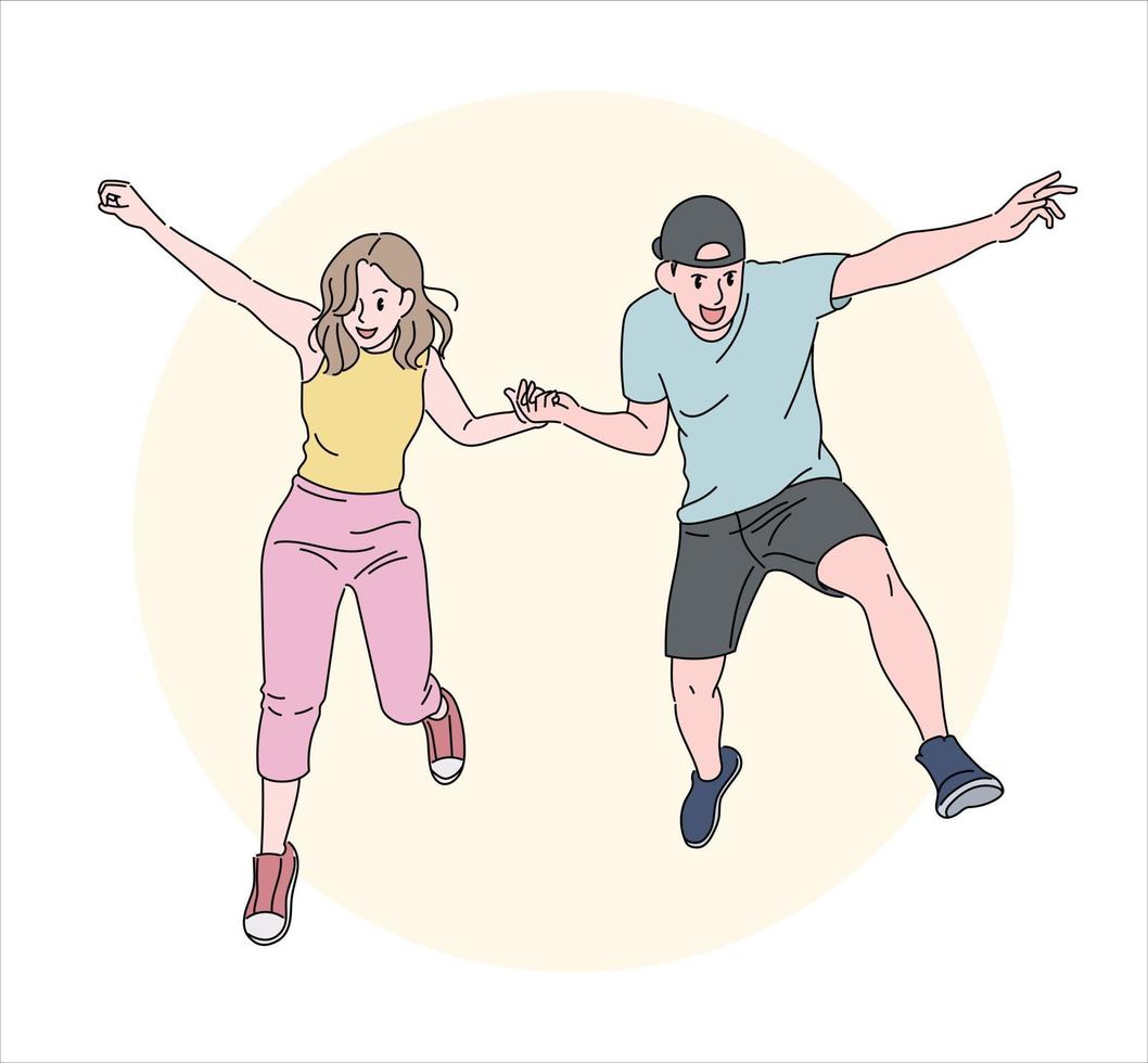 een man en een vrouw houden elkaars hand vast en springen. hand getrokken stijl vector ontwerp illustraties.