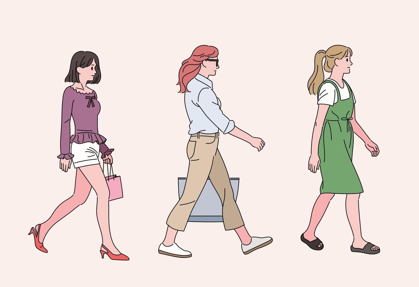 casual stijl vrouwen lopen. hand getrokken stijl vector ontwerp illustraties.