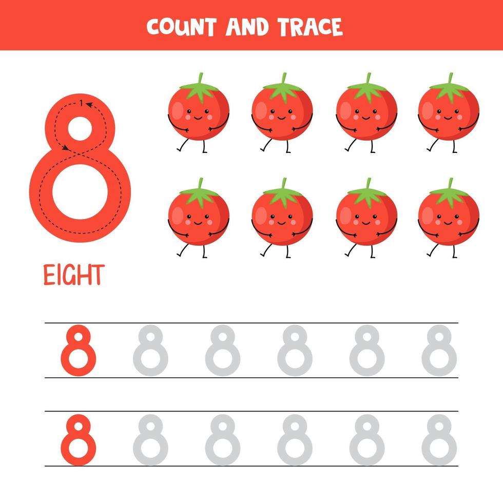 tracering nummers werkblad. nummer acht met schattige kawaii rode tomaten. vector