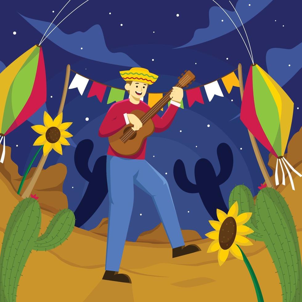 een man die 's nachts gitaar speelt voor festa junina vector