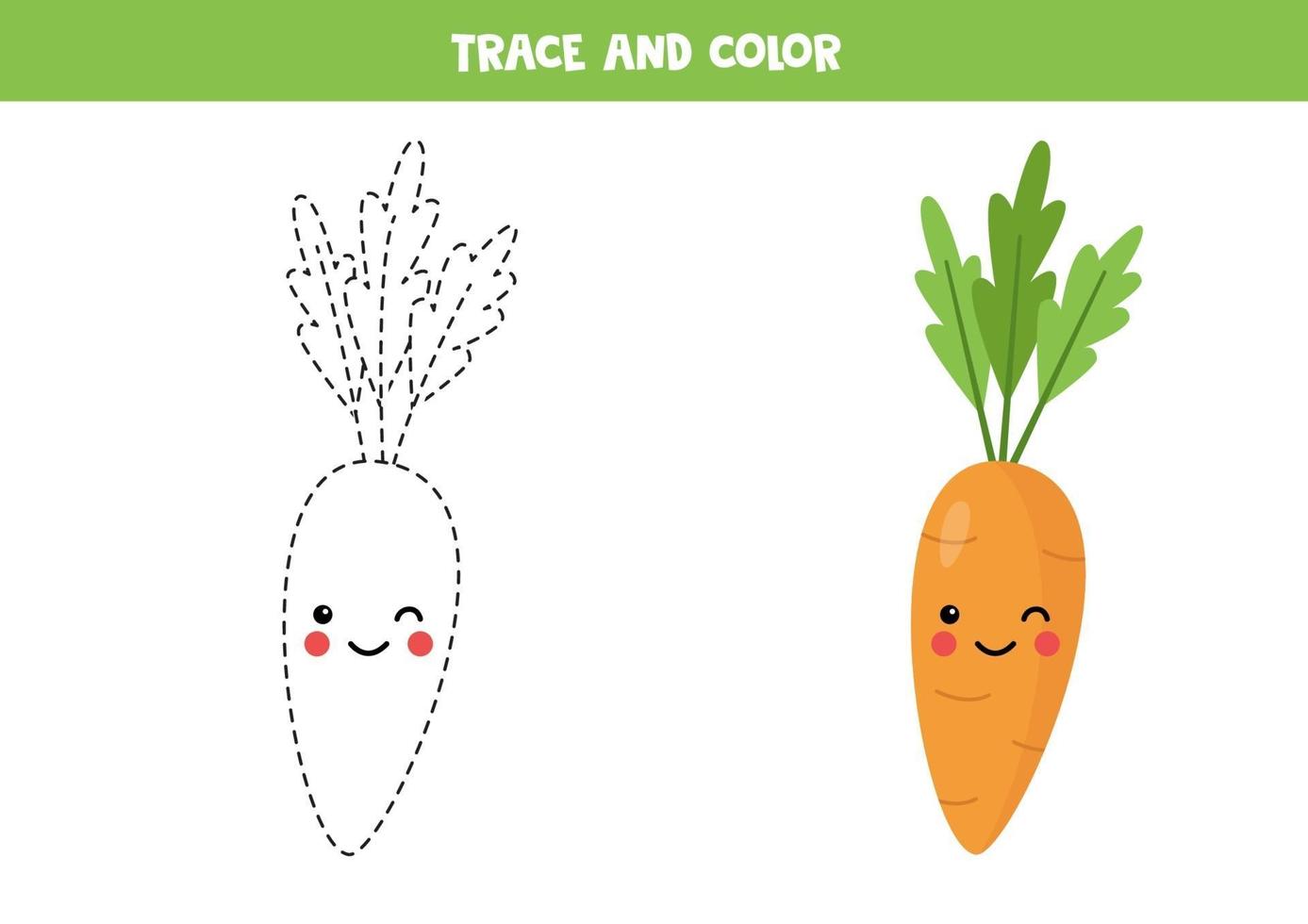 trace en kleur schattige kawaii wortel. kleurplaat voor kinderen. vector