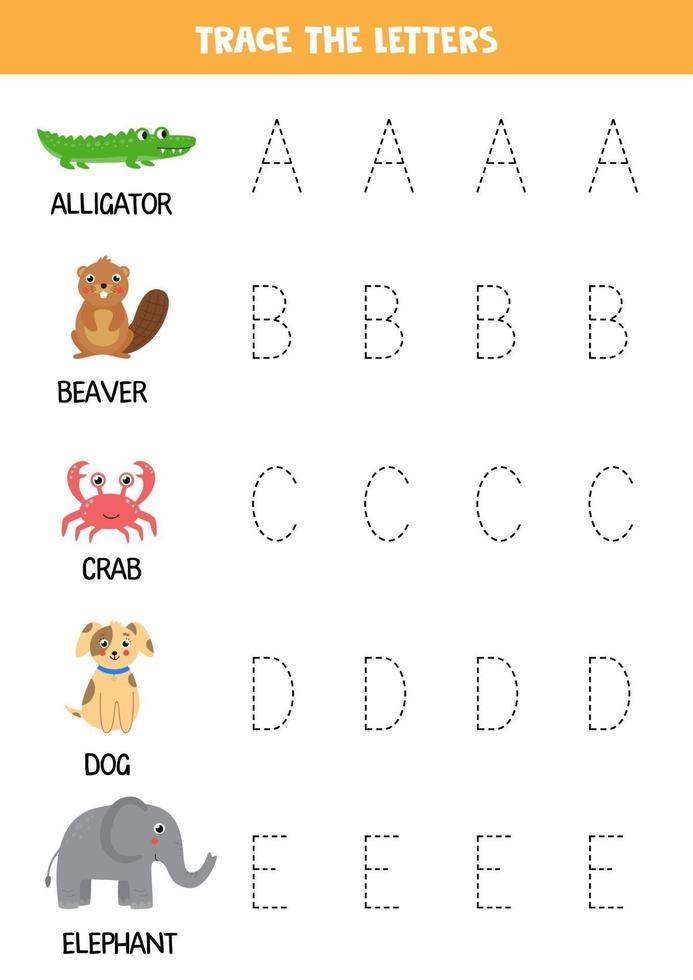 letters van het Engelse alfabet traceren met dieren. Schrijf oefening. vector