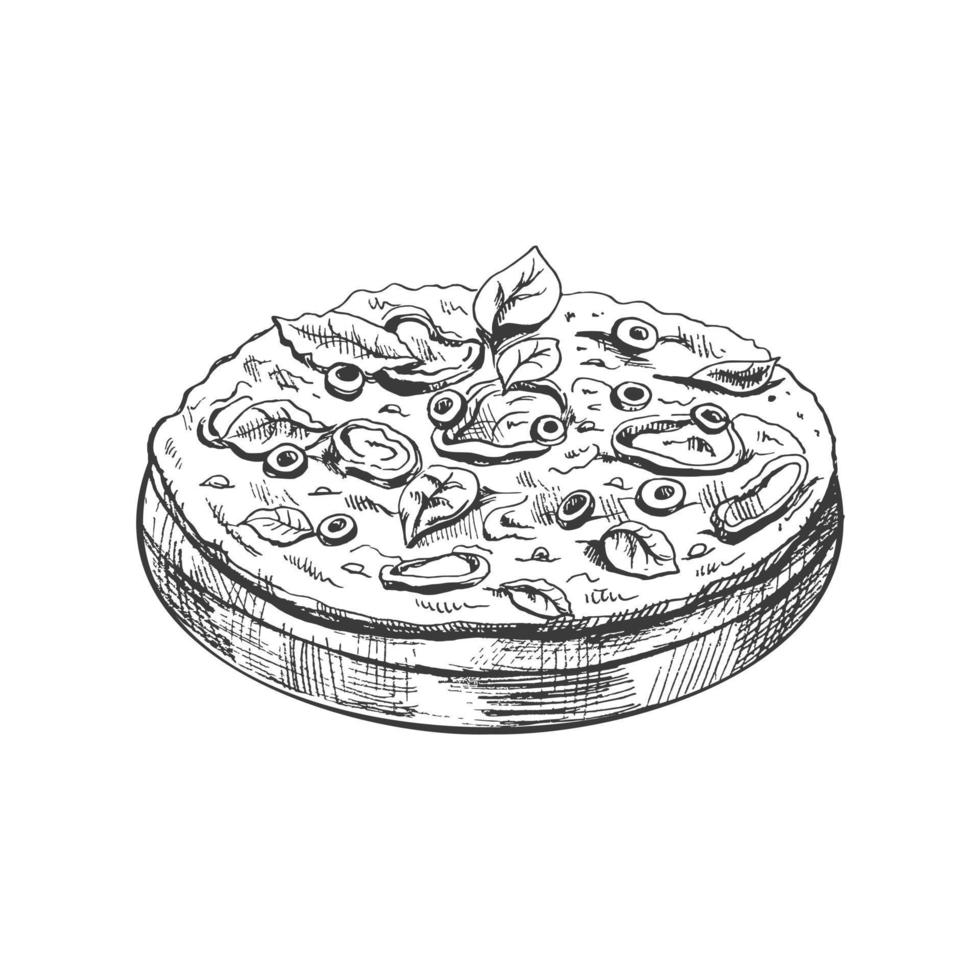 hand getekend schetsen stijl vegetarisch pizza Aan een houten bord geïsoleerd Aan wit achtergrond. snel voedsel wijnoogst illustratie. element voor de ontwerp van etiketten, verpakking en ansichtkaarten. vector