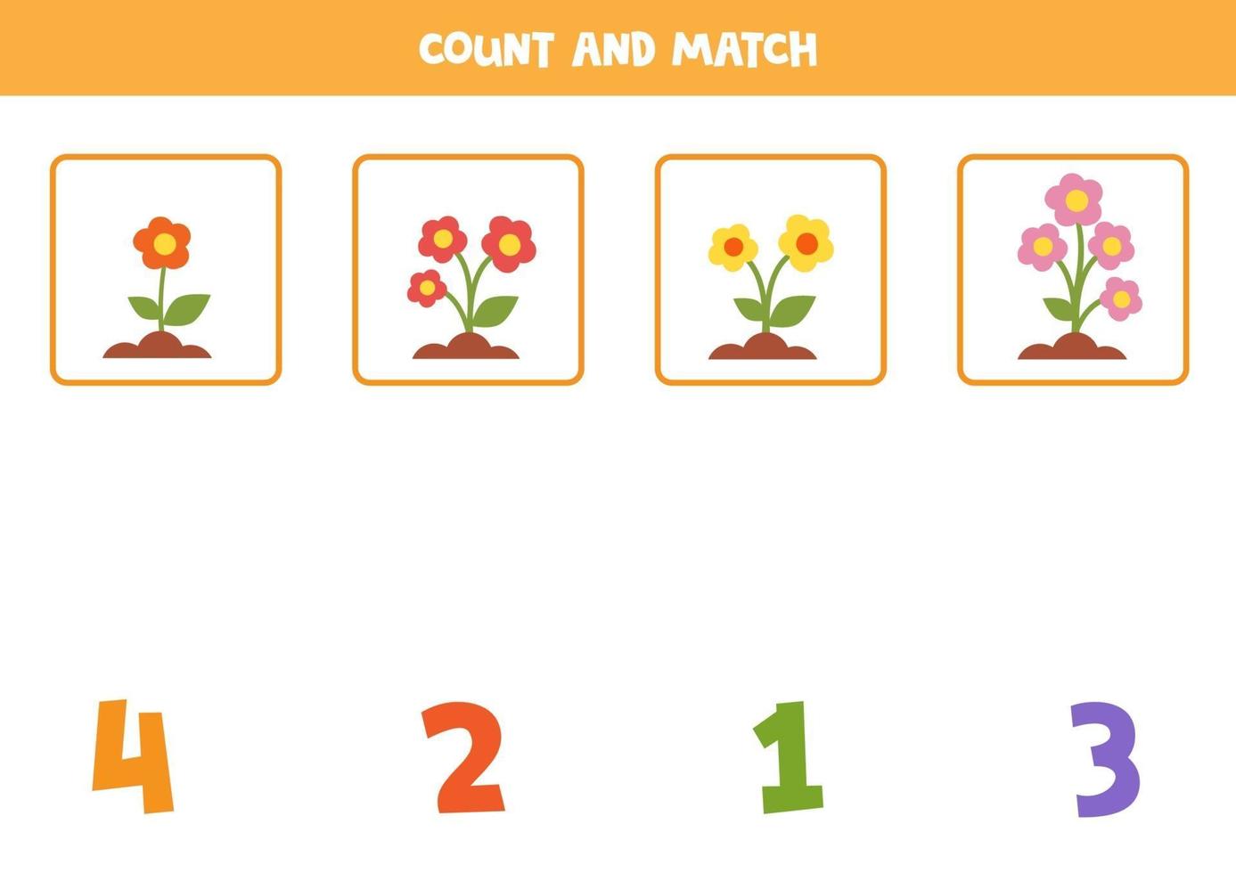 wiskunde werkblad voor kinderen. tellen spel met schattige cartoon kleurrijke bloemen. vector