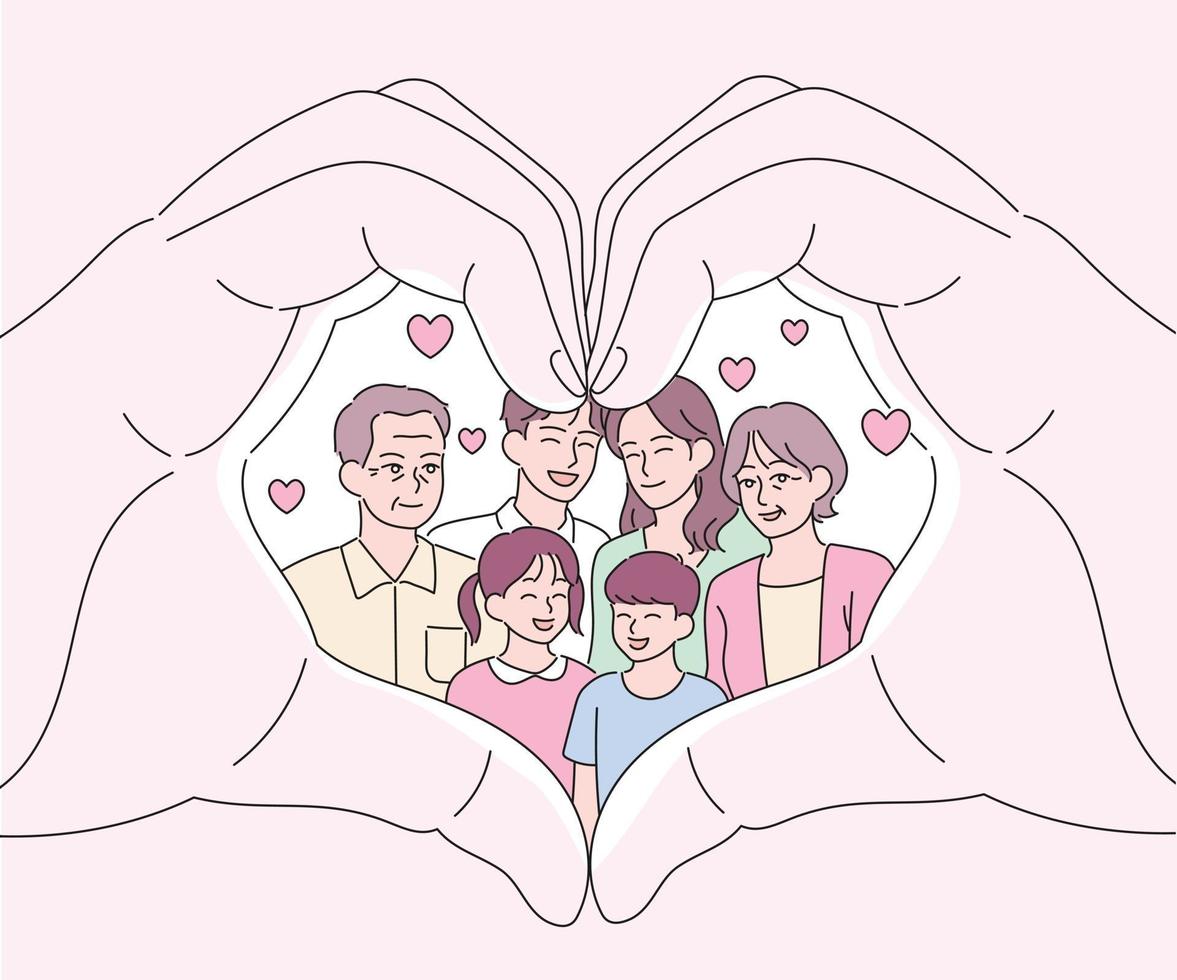 handen die een hartvorm maken met familie erin. hand getrokken stijl vector ontwerp illustraties.