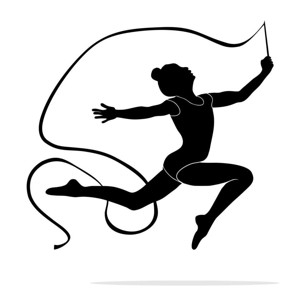 silhouet van vrouw dansen ritmisch gymnastiek jumping met lintje. vector illustratie