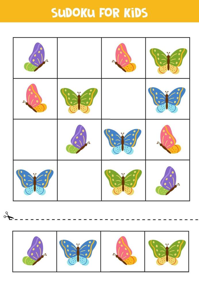 Sudoku voor kinderen. schattige vliegende kleurrijke vlinders. vector