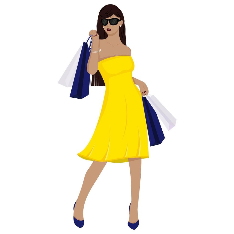 een mooi meisje in een jurk is aan het winkelen. meisje met tassen. in de mode. vectorillustratie in cartoon stijl. geïsoleerd op een witte achtergrond. vector