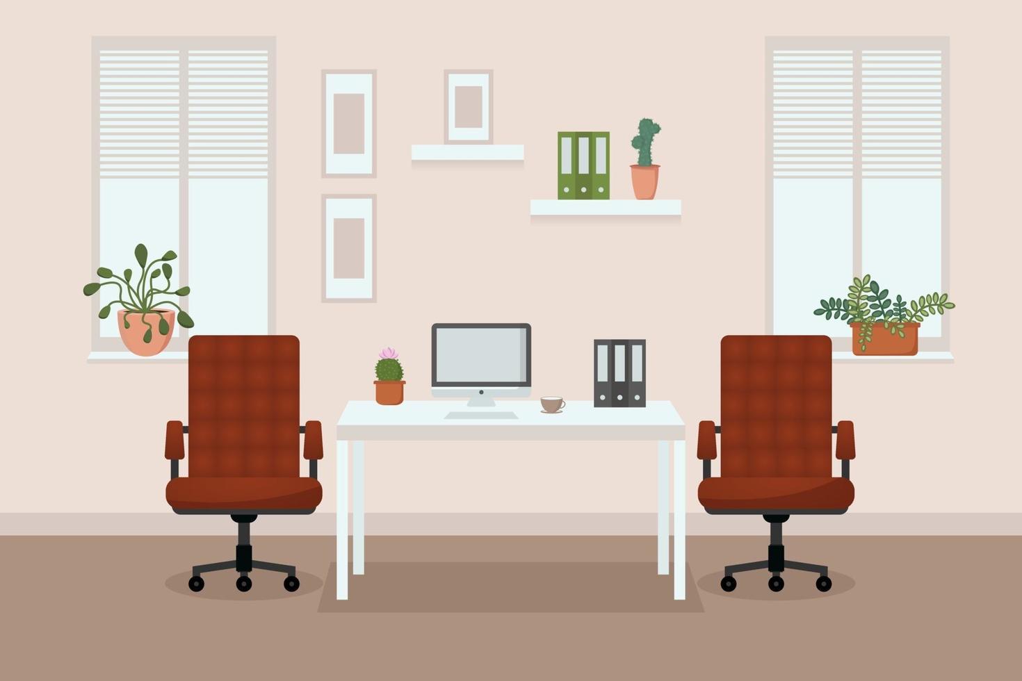 comfortabel kantoor met ramen, bureaustoelen, bureau, bloemen voor de ramen, computer en koffie vector