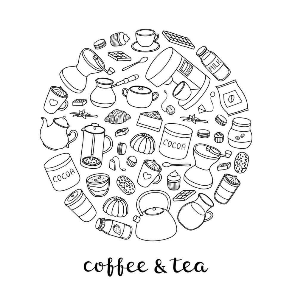 hand- getrokken koffie, thee en cacao items in cirkel. vector