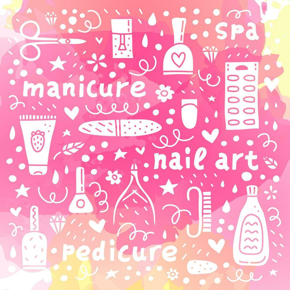 roze poster met tekening nagel salon pictogrammen. vector