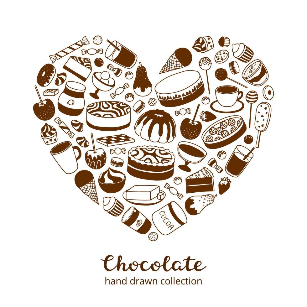tekening chocola en cacao producten in hart vorm geven aan. vector