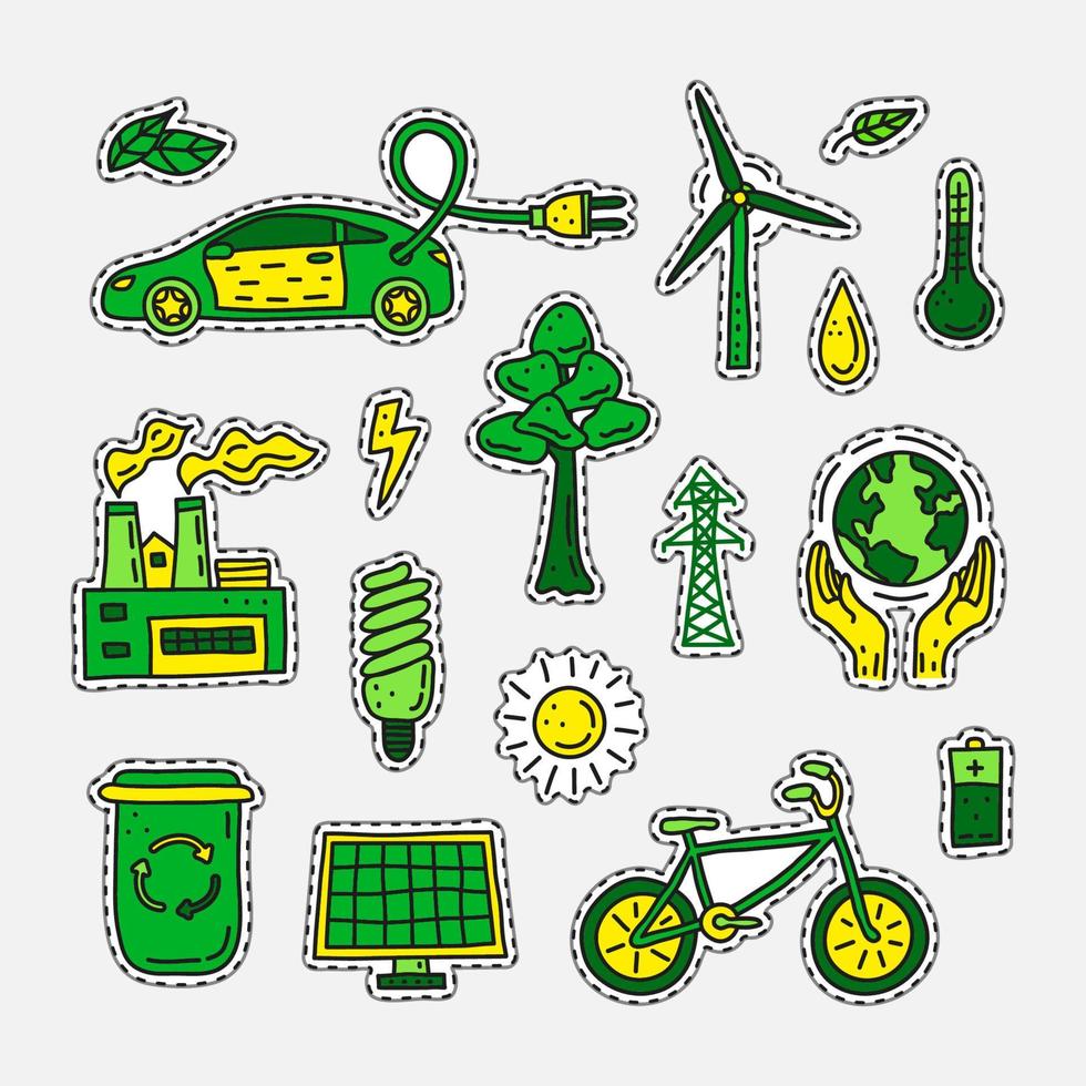 reeks van tekening ecologie en milieu stickers. vector