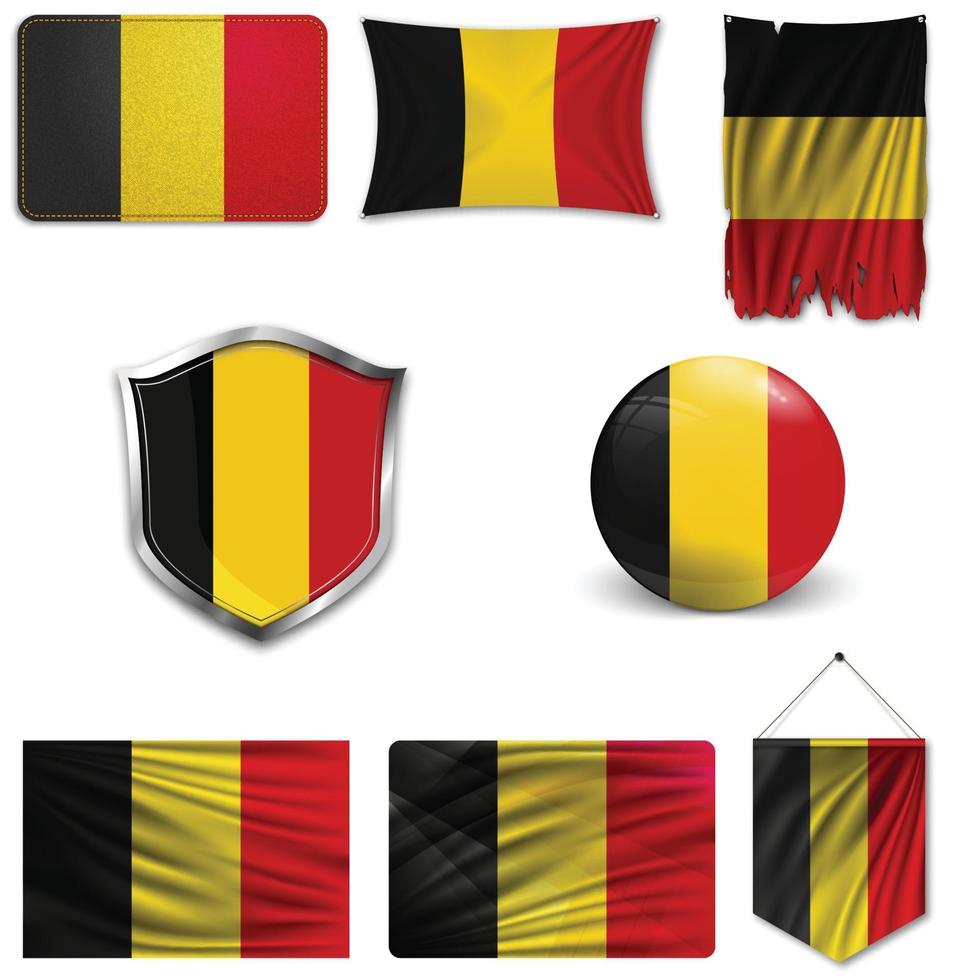 set van de nationale vlag van belgië in verschillende ontwerpen op een witte achtergrond. realistische vectorillustratie. vector