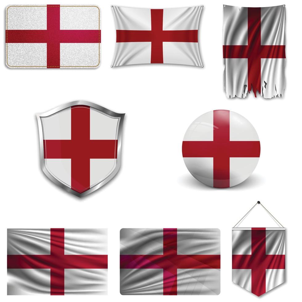 set van de nationale vlag van engeland in verschillende ontwerpen op een witte achtergrond. realistische vectorillustratie. vector