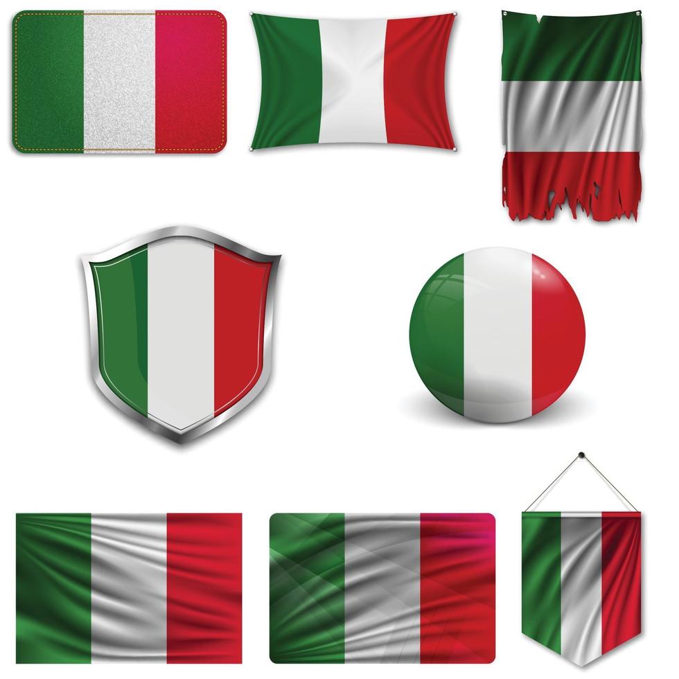 set van de nationale vlag van Italië in verschillende ontwerpen op een witte achtergrond. realistische vectorillustratie. vector