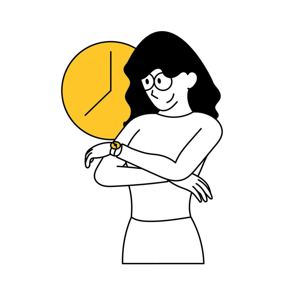 de vrouw looks Bij haar horloge. voorwaarden van werk, deadline, tijd is rennen. dun lijn hand- getrokken elegant vector illustratie Aan wit geïsoleerd achtergrond