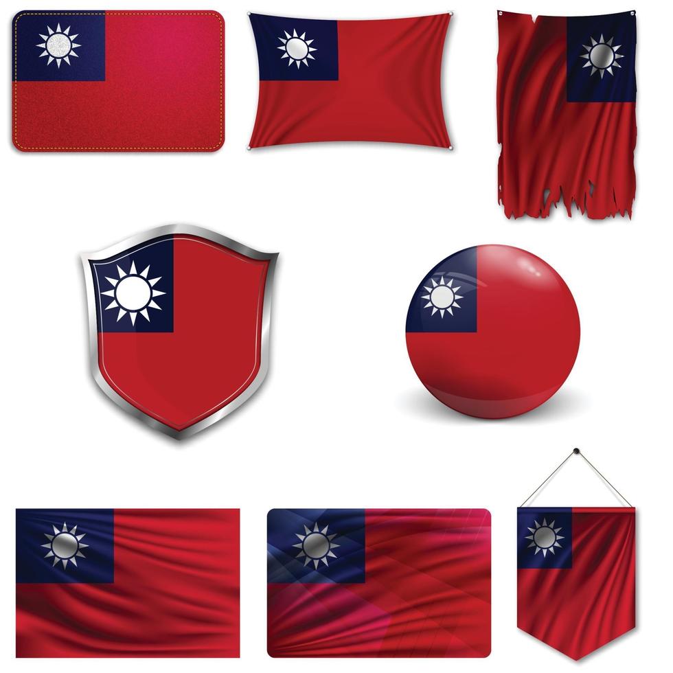 set van de nationale vlag van taiwan in verschillende ontwerpen op een witte achtergrond. realistische vectorillustratie. vector